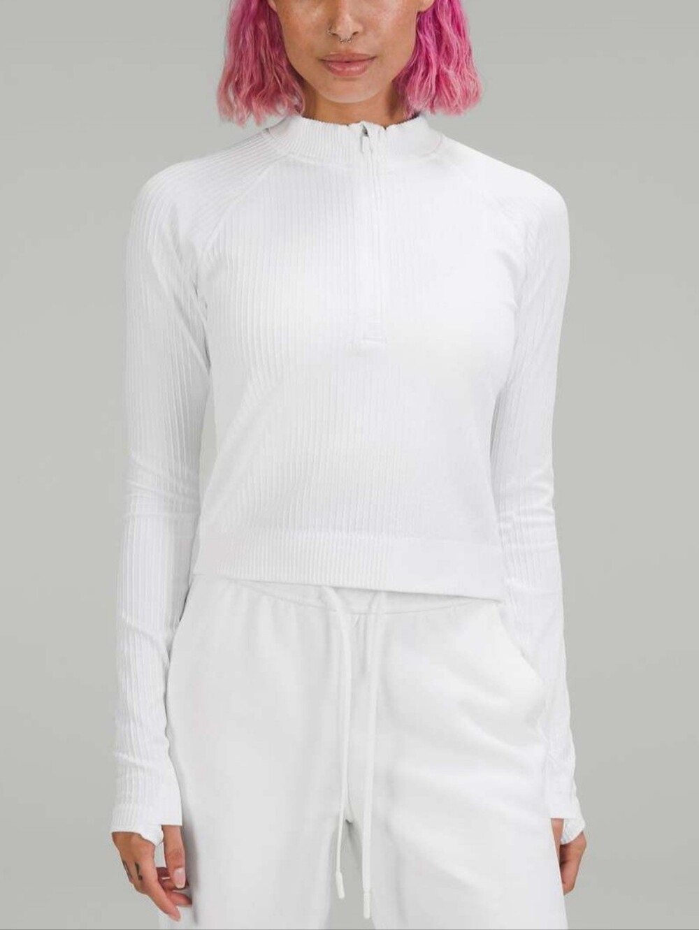 LULULEMON Rest Less Ribbed Half Zip Cropped Long Sleeve Women's 8 Thumb Holes